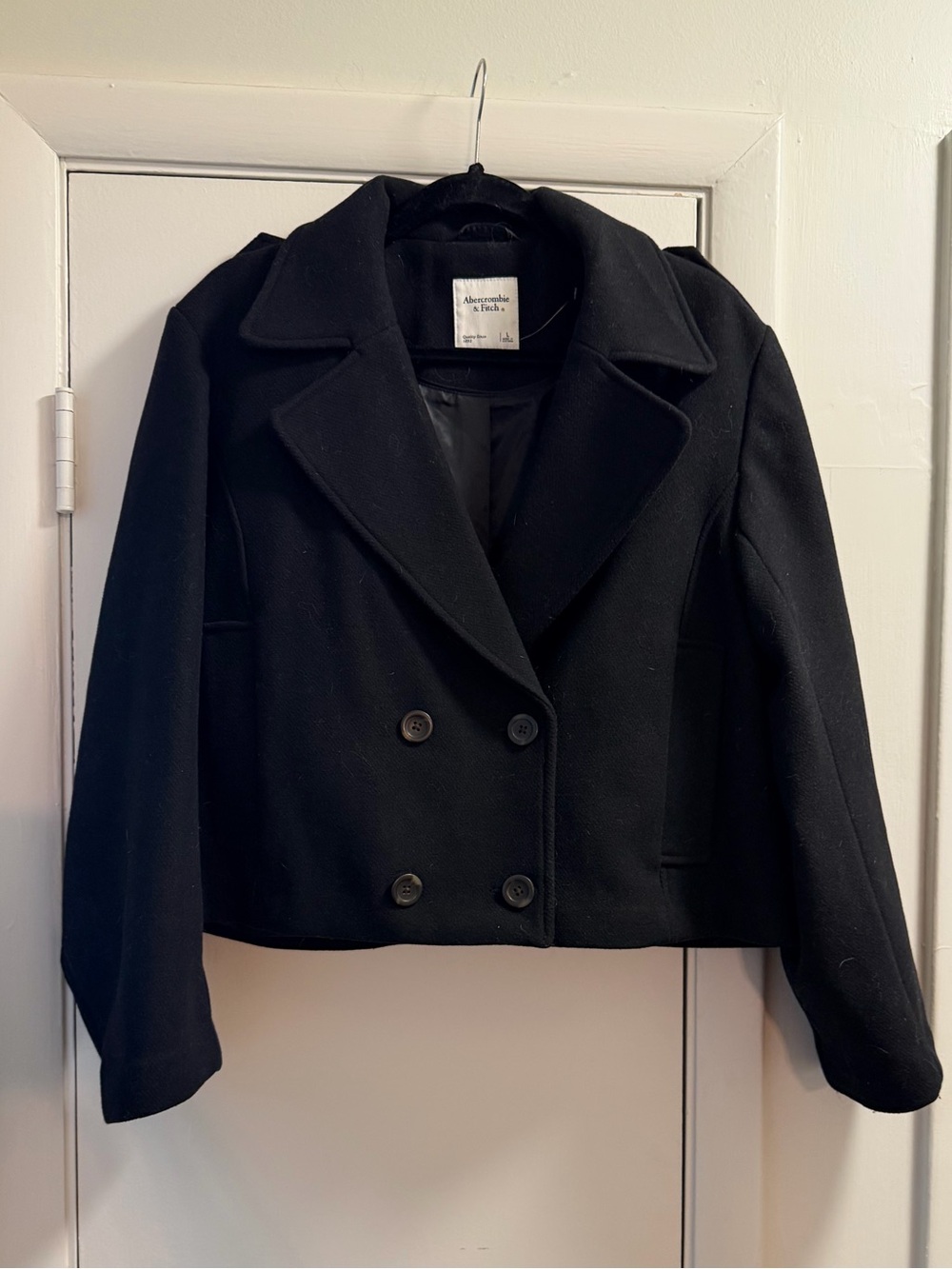Abercrombie & Fitch Black Double-Breasted Cropped Peacoat Jacket